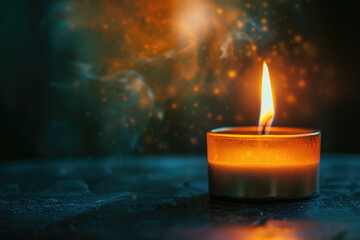 One candle burns on a dark background with copy space. A symbol of memory and sorrow, a fire in memory of the dead.