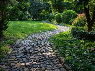 Cobblestone path in garden, meandering through wellkept lawn, serene nature beauty, low angle, dappled light