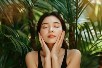 A beautiful asian woman with her eyes closed stands in front of green plants and palm trees, holding both hands to her face for skin care