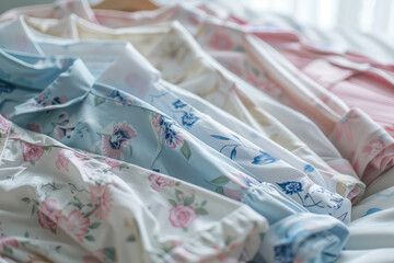 Assortment of retro style female pajamas. Multicolored clothes pajama closeup, background for home clothing store.