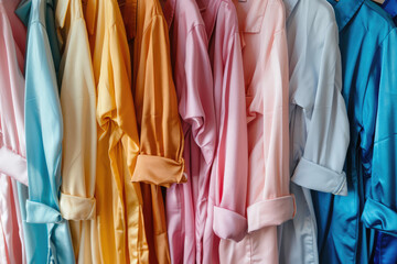 Assortment of female pajamas. Multicolored clothes pajama closeup, background for home clothing store.