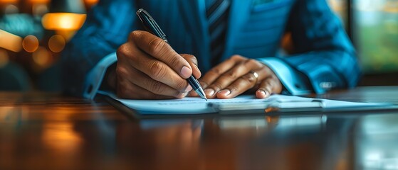 Fototapeta na wymiar Businessman signing lucrative contract after reviewing terms closeup of hand with pen. Concept Business, Contract Signing, Hand, Closeup, Agreement