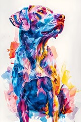 Vibrant and Playful Depiction of a Colorful Canine Guardian in Watercolor Inspired Digital