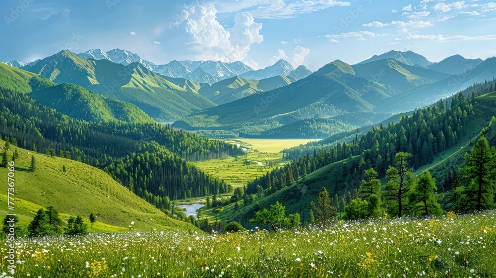 Poster an expansive view of a green mountain range with a shimmering river in the valley, flanked by forest