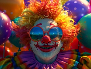 Playful cartoon clown, vibrant balloons in grip, direct gaze, twilight glow, cool shades, magical carnival essence , clip art, 8K , high-resolution, ultra HD,up32K HD
