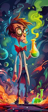 Whacky cartoon scientist, flashy red bow tie, side glance, potion overflow, neon streaks, lively lab disaster , clip art, 8K , high-resolution, ultra HD,up32K HD