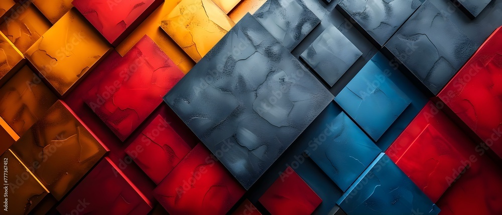 Poster modern abstract design with stacked colored paper squares creating geometric pattern. concept abstra