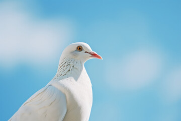 Serene White Dove Against Blue Sky background with copy space. Close-up of a peaceful white dove, symbol of peace. 