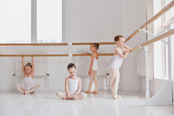 Group portrait of little girls in leotards ballet students stretching at barre in sunlit dance...