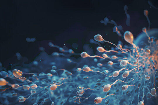 course effr&eacute;n&eacute;e  de milliers de spermatozo&iuml;des se dirigeant vers l'ovule &agrave; l'int&eacute;rieur du vagin d'une femme, au moment de l'&eacute;jaculation. Sperme blanc laiteux et flagelle ros&eacute;, sur fond noir copy space