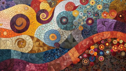 A colorful mosaic painting of a variety of shapes and colors, AI