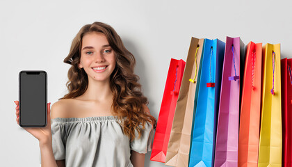 Collage with smartphone and happy young woman holding parcels and shopping bags on white background