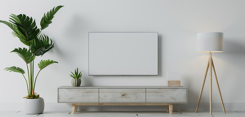 A contemporary TV cabinet featuring a TV mockup with a white screen, accompanied by a tall leafy plant in a pot and a minimalist lamp, against a white wall background