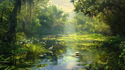 : A tranquil marshland teeming with life, with the vibrant colors of exotic birds contrasting against the lush greenery.