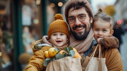 A man with a beard and two children holding bags of groceries, AI