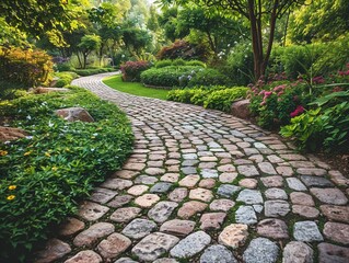 Picturesque garden, curving cobblestone walkway, surrounded by lush greenery, idyllic setting, clear day
