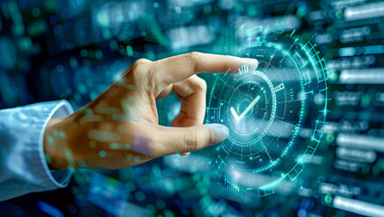 Fototapeta premium Futuristic Digital Interface, Man Touching Holographic Screen, Modern Communication Technology Concept