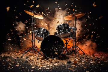 A drum set is shown with a lot of debris and dust