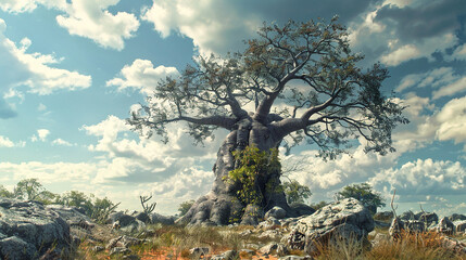 A majestic baobab tree standing sentinel over the African landscape, its twisted branches reaching...