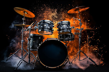 A close up of a drum set with a fire in the background.