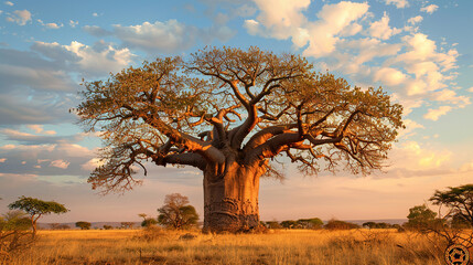 A majestic baobab tree standing tall against the vast African sky, its twisted branches reaching...