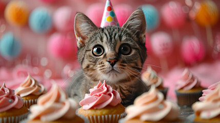 A cat is seated in front of a display of various cupcakes. The feline gazes curiously at the sweet