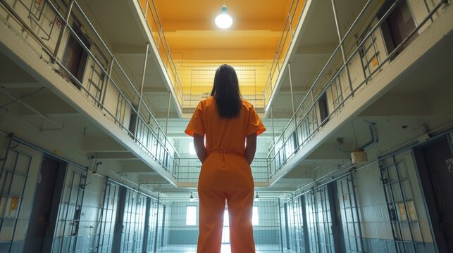 A woman in orange jumpsuit standing alone inside a jail cell, AI
