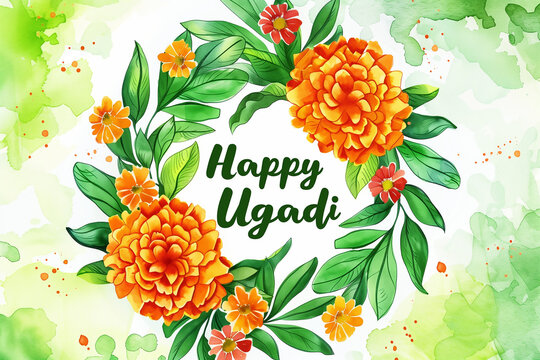 Ugadi ou Yugadi, ou Gudi Padwa, Nouvelle Année dans le sud de l'Inde.  texte en anglais "Happy Ugadi" entouré d'une couronne végétale avec des feuilles  de manguier et fleurs dans le style aquarelle. 