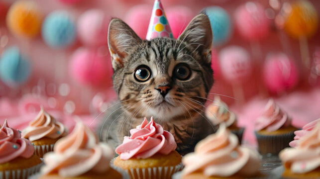 A cat is seated in front of a display of various cupcakes. The feline gazes curiously at the sweet