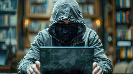 Hacker in hood using laptop on the street at night. Cybercrime concept - obrazy, fototapety, plakaty