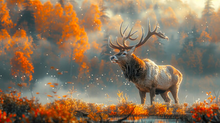 Majestic Fall landscape with elk and lake