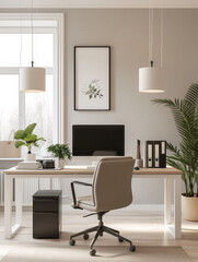 A desk with a computer and some plants in the corner, AI