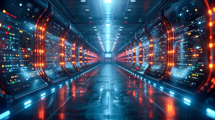Futuristic server room data center hallway with glowing lights