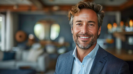 Obraz premium Portrait of handsome mature man in casual wear standing in coffee shop