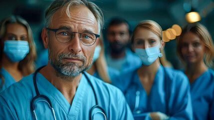 Portrait of confident senior doctor in medical mask looking at camera with colleagues in background - Powered by Adobe