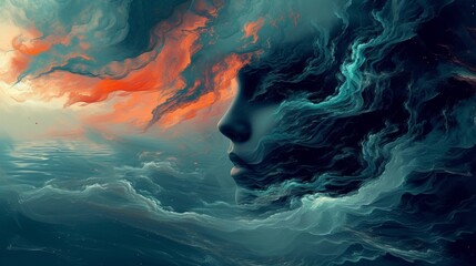 A woman's face is shown in a swirling sea of clouds, AI
