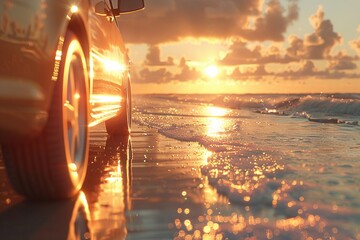 Breezy summer car ride along the beach, sun kissing the waves ,3DCG,high resulution,clean sharp focus