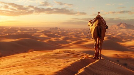 Camel trekking, long legs navigating the endless dunes of the desert ,3DCG,high resulution,clean sharp focus