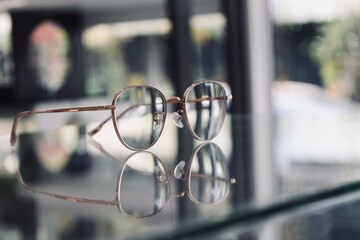 close up of a glasses on table in optical store 