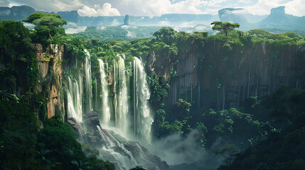 A majestic waterfall cascading down rugged cliffs amidst the dense rainforest of Gabon.