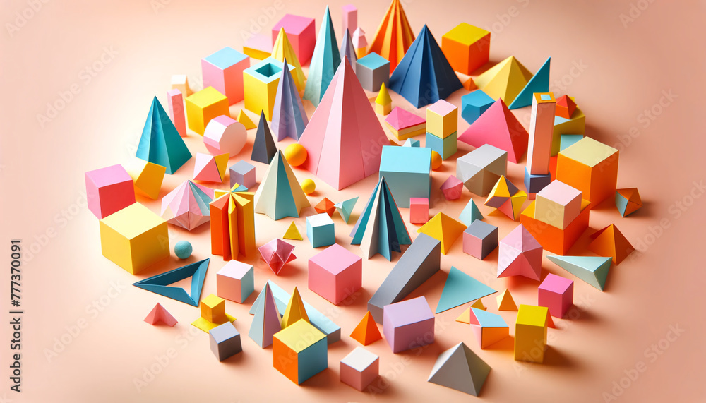Poster an image of a bright and colorful arrangement of three-dimensional paper geometrical shapes. the sha