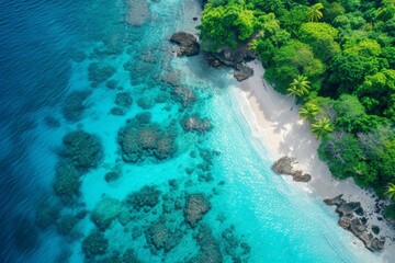 An aerial view of a beach with trees and water, AI