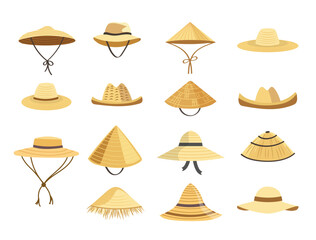 Sun hat set. Different straw farmer hats, vector illustration. Summer gardening or beach accessory.