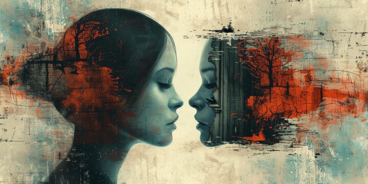 A woman's face is split in half by a tree and red brush strokes, AI