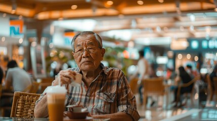 Elderly man sitting alone at a food court table, contemplating while holding a drink, busy background with soft focus. - obrazy, fototapety, plakaty