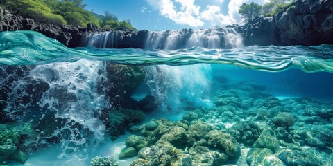 A waterfall cascading over a coral reef in the ocean, AI