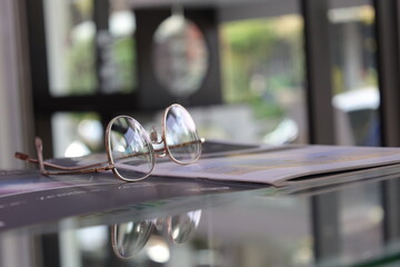 Glasses on the table in optical store 