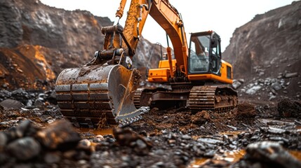 A large orange and black construction vehicle is digging into the ground - obrazy, fototapety, plakaty