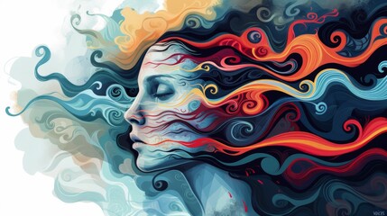 A woman with flowing hair and colorful swirls in her face, AI