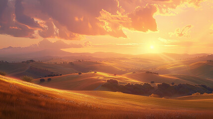 A panoramic vista of rolling hills bathed in the warm glow of sunset, stretching to the distant...